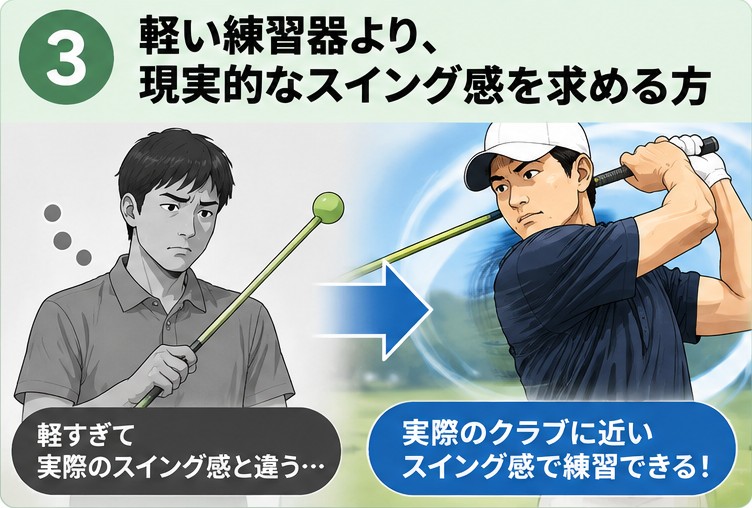 軽い練習器より、現実的なスイング感を求める方